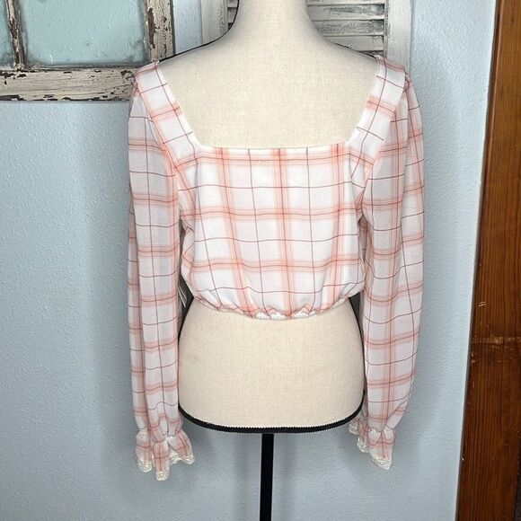 Society Stitch Plaid Checkered White Pink Poet Long Sleeve Women's Crop Top Size - Picture 7 of 11